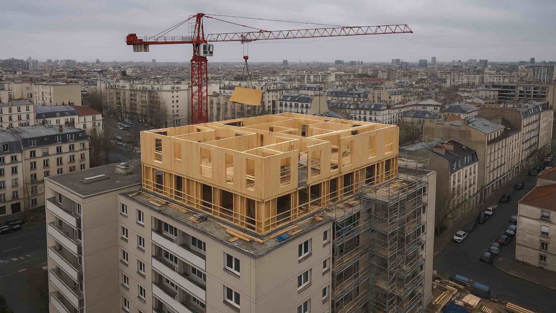 Surélévation en cours : un niveau en bois lamellé-croisé assemblé à la grue sur le toit d'un immeuble d'habitation existant, en milieu urbain dense.