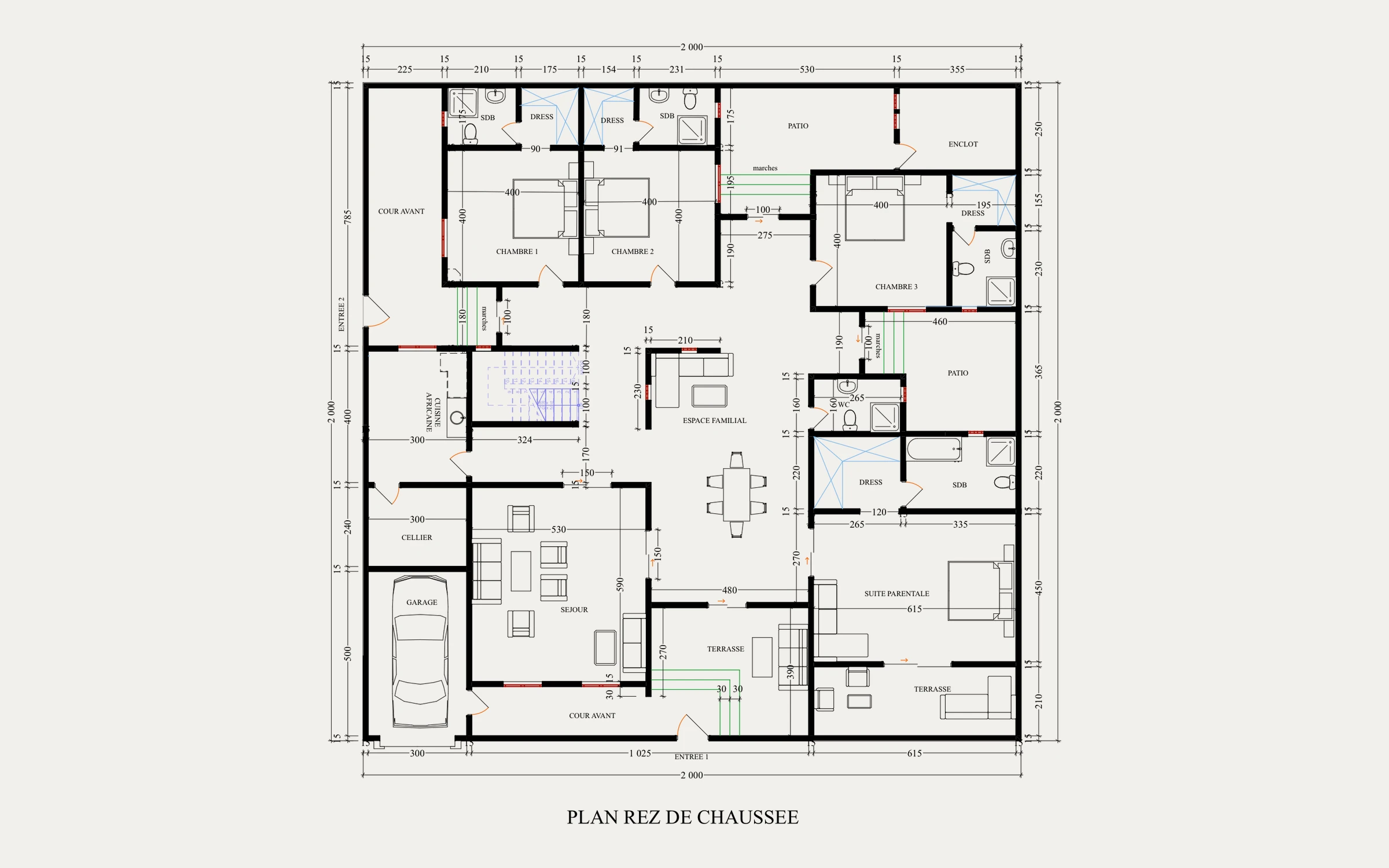 Plan du rez-de-chaussée — villa de 20 × 20 m : séjour, cuisine africaine, cellier, garage, trois chambres et suite parentale distribués autour de deux patios.
