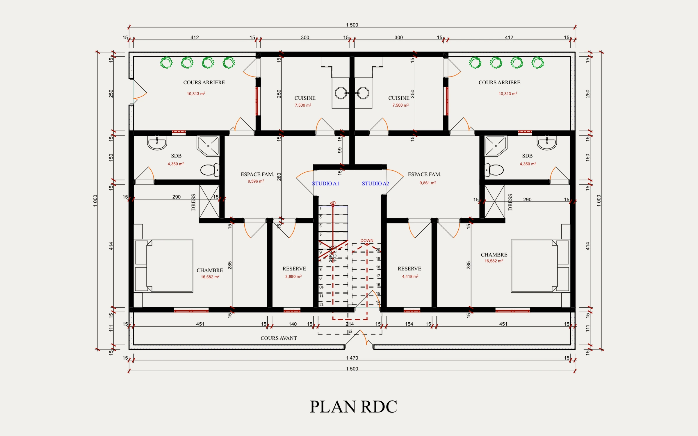 Plan du rez-de-chaussée — studios A1 et A2 en miroir de part et d'autre de l'escalier : chambre de 16,6 m², espace familial, cuisine, salle d'eau et cour arrière.