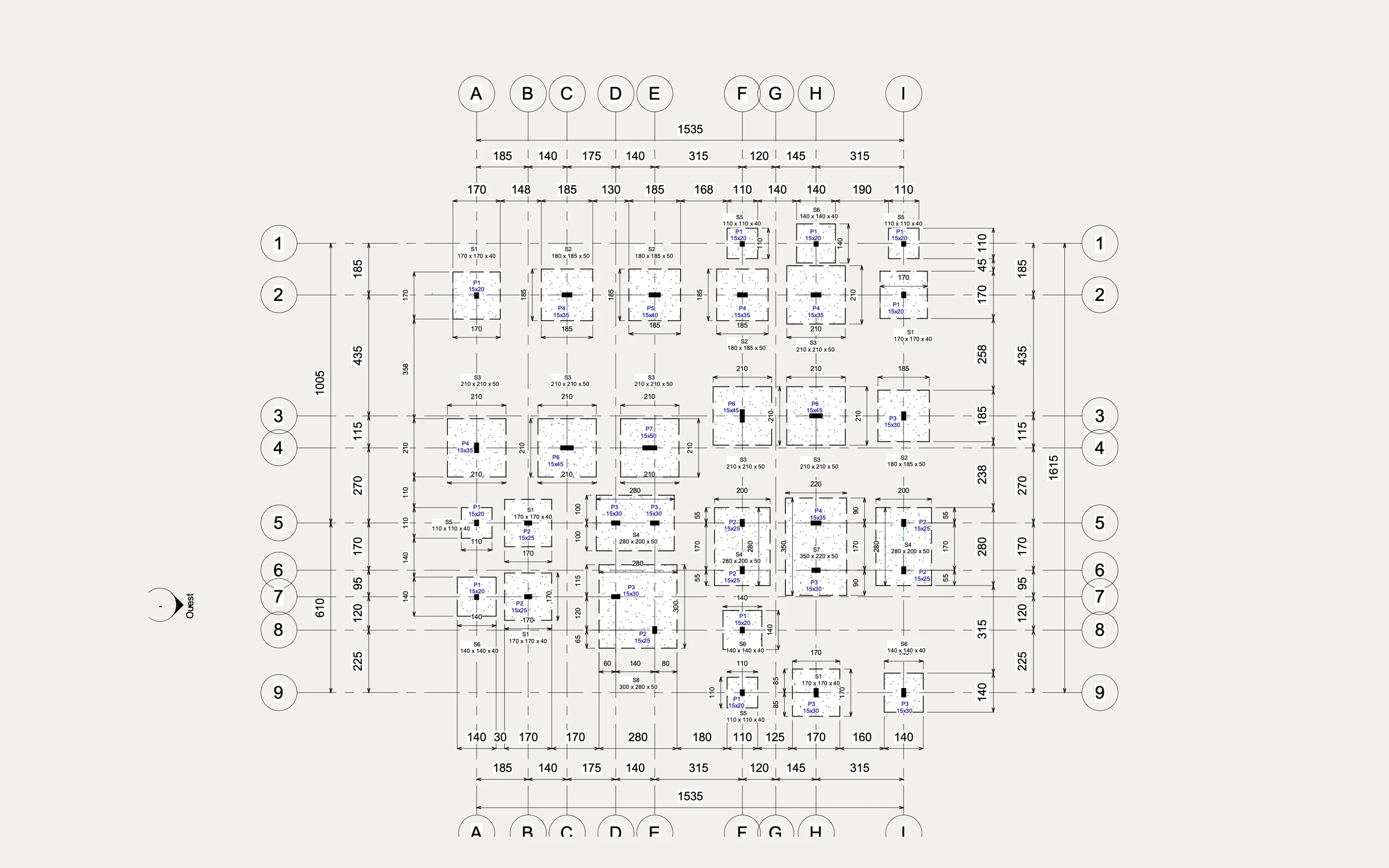 Villa Bamar — plan de coffrage des fondations : trame de neuf files, semelles S1 à S8 et poteaux P1 à P7, échelle 1:100.