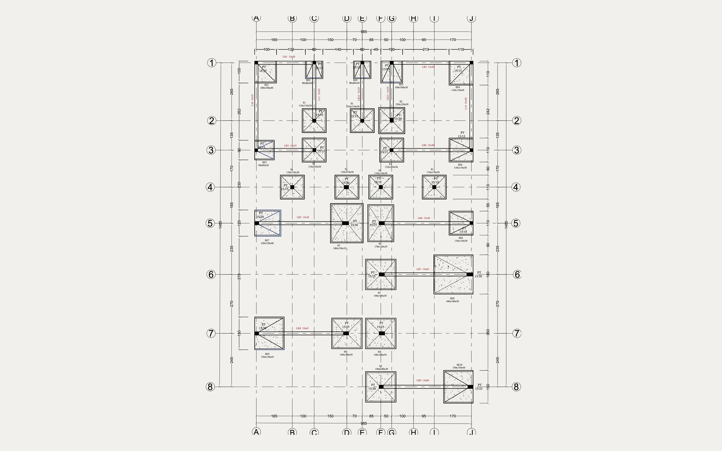 Diouf Résidence — plan de coffrage des fondations d'une villa R+2 : semelles isolées, longrines de redressement et poteaux de départ sur une trame de dix files, échelle 1:100.